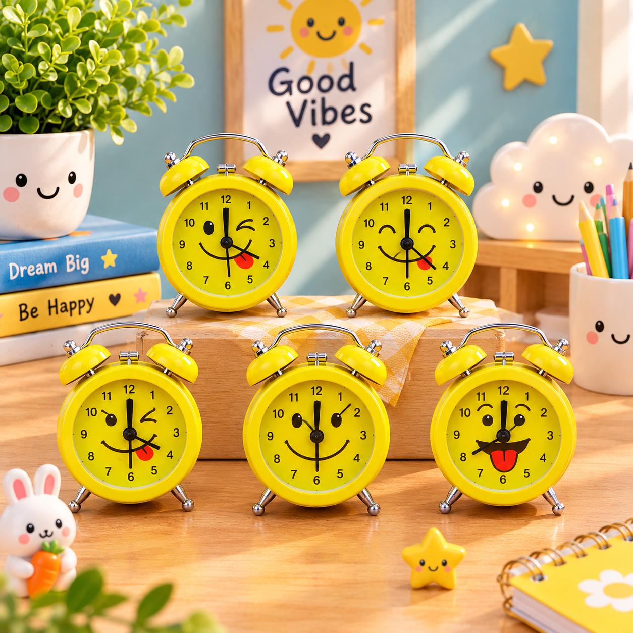 ⏰ساعت رومیزی زنگ‌دار کوچک فانتزی زرد طرح استیکری